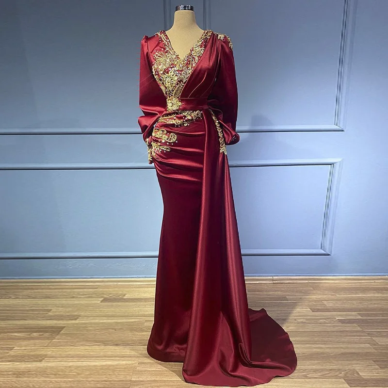 

Sharon Said Burgundy Mermaid Muslim Evening Dress Luxury Dubai Gold Beaded Formal Dresses for Women Wedding Guest Party SS513
