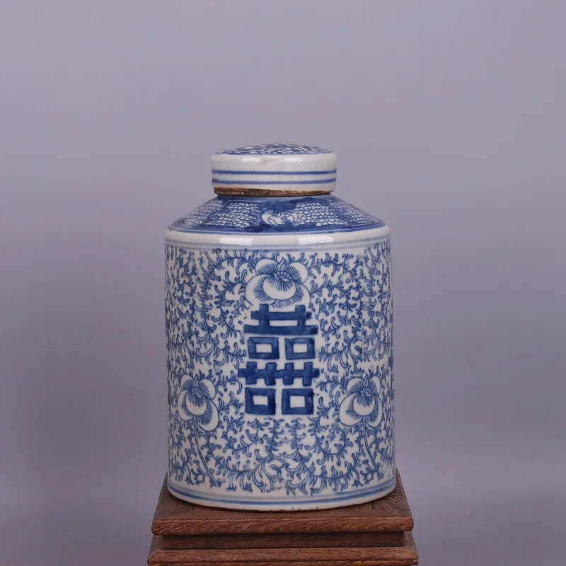 

Blue And White Four Happiness Character Pattern Tea Jar Antique Ornaments Porcelain Jingdezhen Tea Caddy Collection