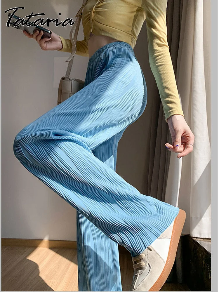 

Blue Water Ripples Ice Silk Pants for Women 2022 Summer High Waist Sag Wide Leg Trousers Women's Straight Stacked Baggy Pants