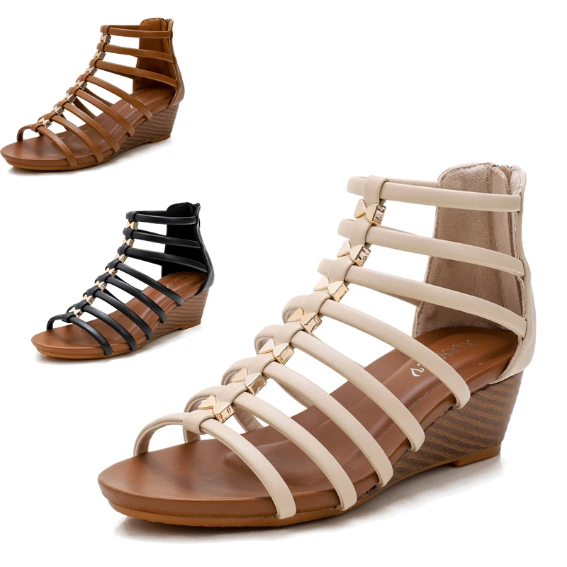 

Vintage Hollow Roman Sandals Women 2023 Slope Heel Open Toe Zip Comfortable Gladiator Fashion Sandal Sexy Nightclub Slip On Shoe