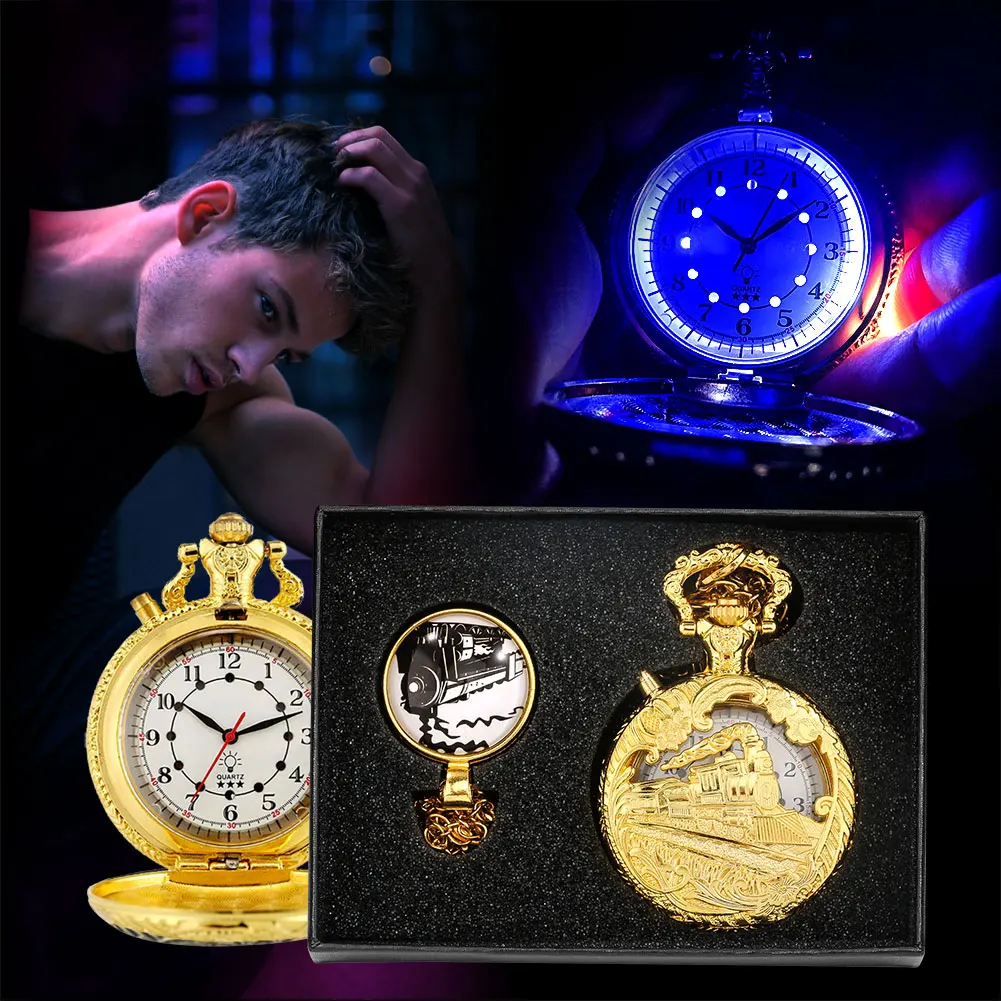 Mens Pocket Watch LED Luminous Top Luxury  Quartz Retro Pocket Watch Steampunk Hollow Train Carving Clock Gift Set Карманные час