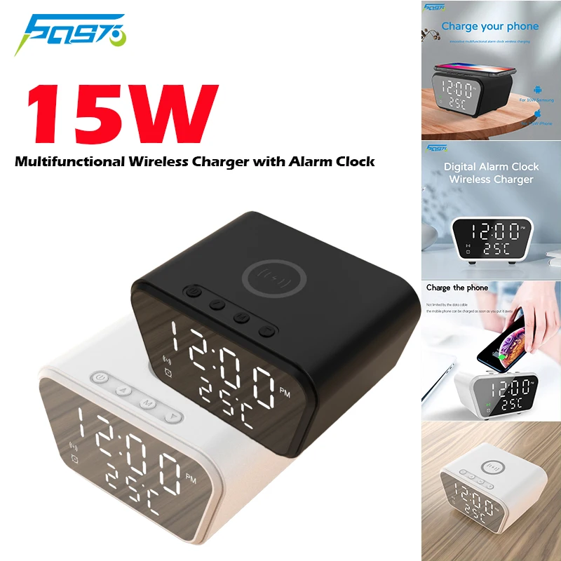 

15W Mobile Phone Wireless Charger Case For iPhone 12 USB Type C Date Time Temperature Display Alarm Clock White Charging Station