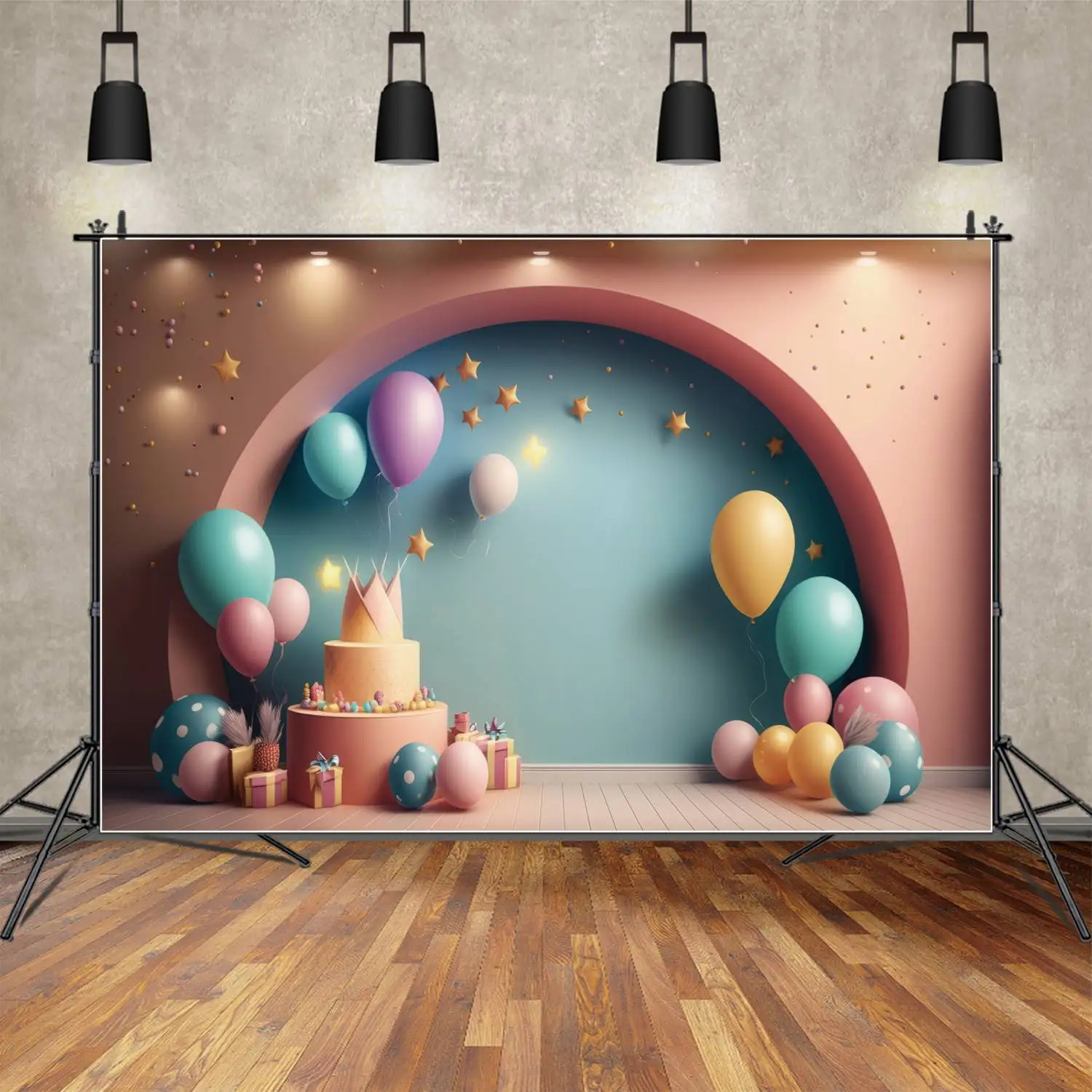 

Children Birthday Party Backdrops Photography Cake Balloon Arch Wall Stars Custom Children's Photo Backgrounds Studio Props