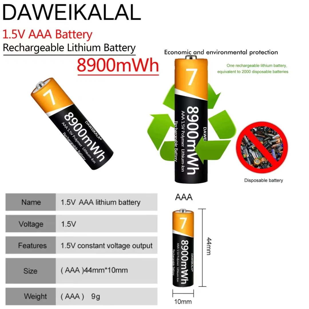 

1.5V rechargeable AAA battery, 8900MWh lithium-ion battery remote control AAA battery mouse small fan electric toy+free shipping