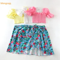 mengoqq kids girls summer puff sleeve solid top t shirts flower asymmetrical skirts children baby fashion clothing set 2pcs 2 7y