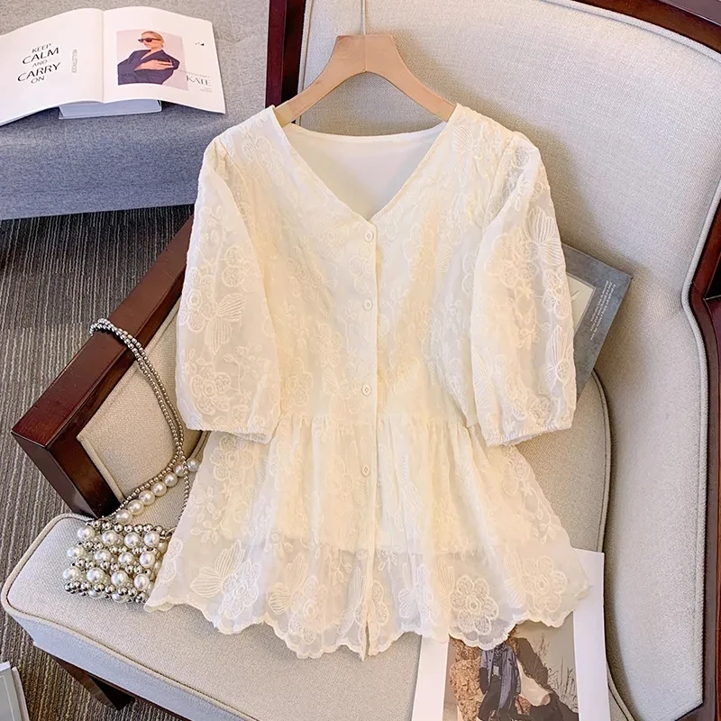

Oversized Blouse Women's Clothing New Summer Embroidered Shirt Slim Unique Tops Ladies Short Sleeve Youth Cropped Shirt AC847