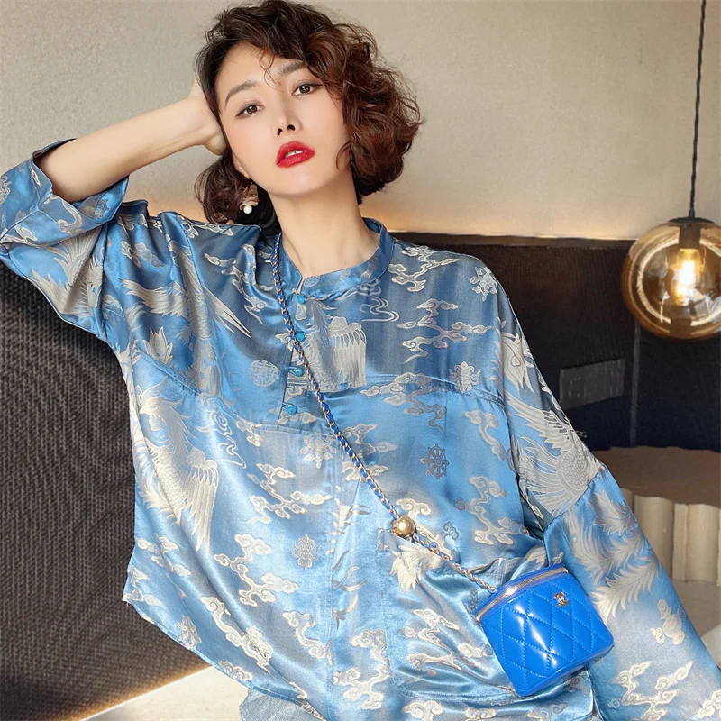

High End Blue Gold Phoenix Jacquard Silk Shirt Women's Retro Spring And Summer New Single-Breasted Flare Sleeve Loose Top S-L