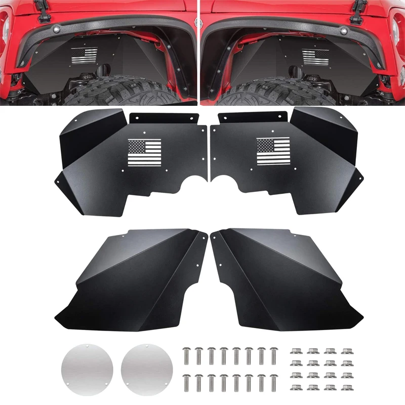 

Jeep Wrangler 2007-2018 JK JKU 4WD Lightweight Black Aluminum Splash Guards Front Inner Fender Liners Fit (US Flag Logo)