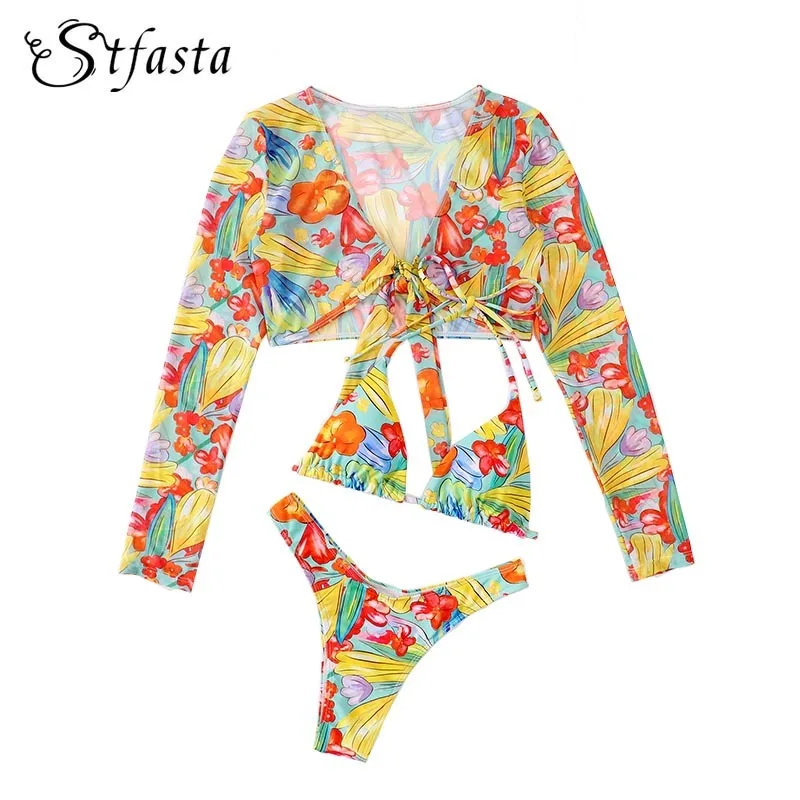 

Новинка 2022, купальник STFASTA, микро стринги, бикини и накидки, комплект из трех предметов, купальник с принтом, женский летний купальный костюм,...