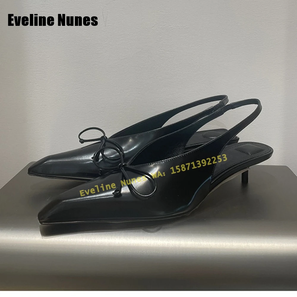 Черные босоножки с бантом на спине и ремешком острым носком тонком каблуке