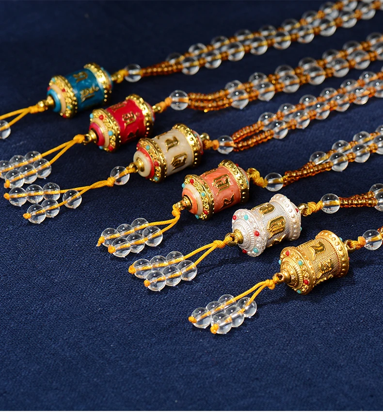 

Tibetan Buddhism Six-Character Daming Mantra Prayer Wheel Necklace Supplies Painted Pendant Glass Bead Necklace - Rotatable