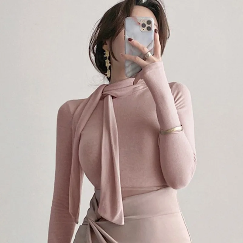 

2022 Brand New Women's T-Shirts Scarf Collar Women T shirt for Female Cotton Tight Solid Color Tops Tees Woman Tshirt 2767
