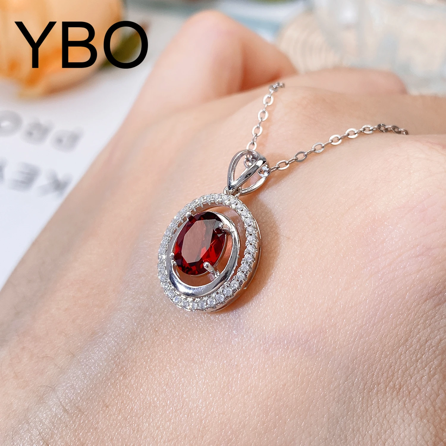 

YBO Natural Oval Red Garnet Pendants Luxury Gemstone Clavicle Chain Real 925 Silver Necklaces Fine Jewelry Clavicle Chains Gifts