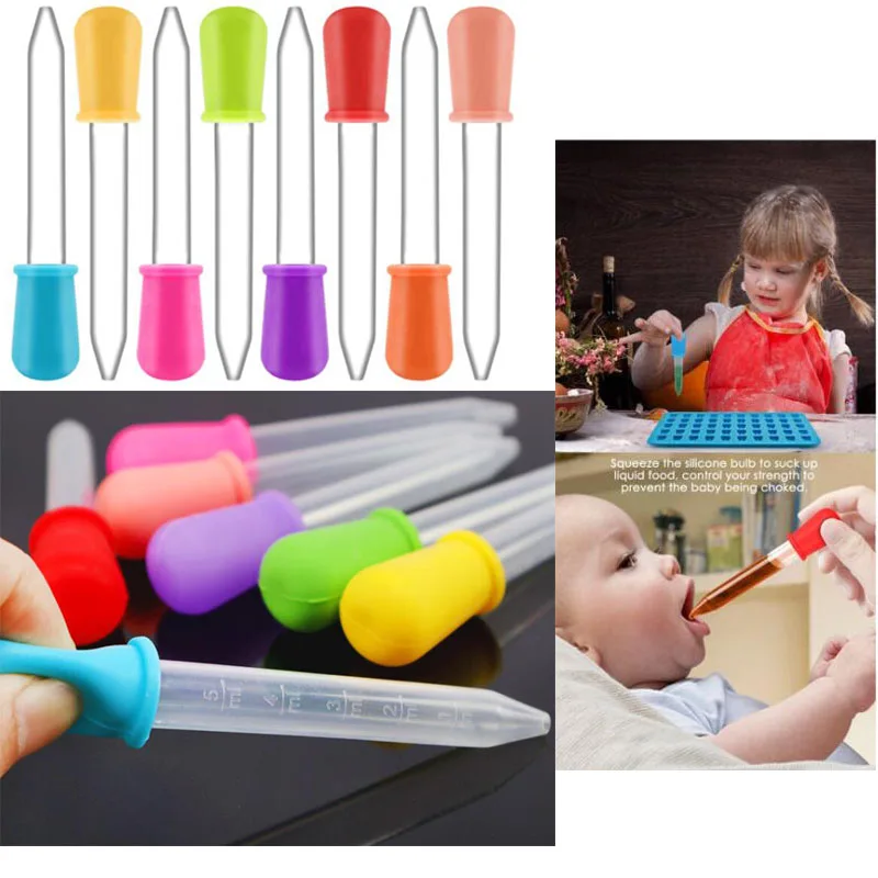 

5ml Transparent Silicone Plastic Baby Medical Dropper Liquid Food Dropper Office Scientific Experiment Dropper Random Color 4pc