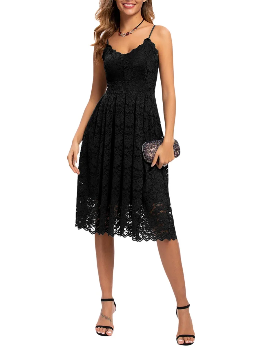 

Women Spaghetti Straps Lace Floral Dress Sleeveless Backless V Neck Elegant Cocktail Party Mini Dress