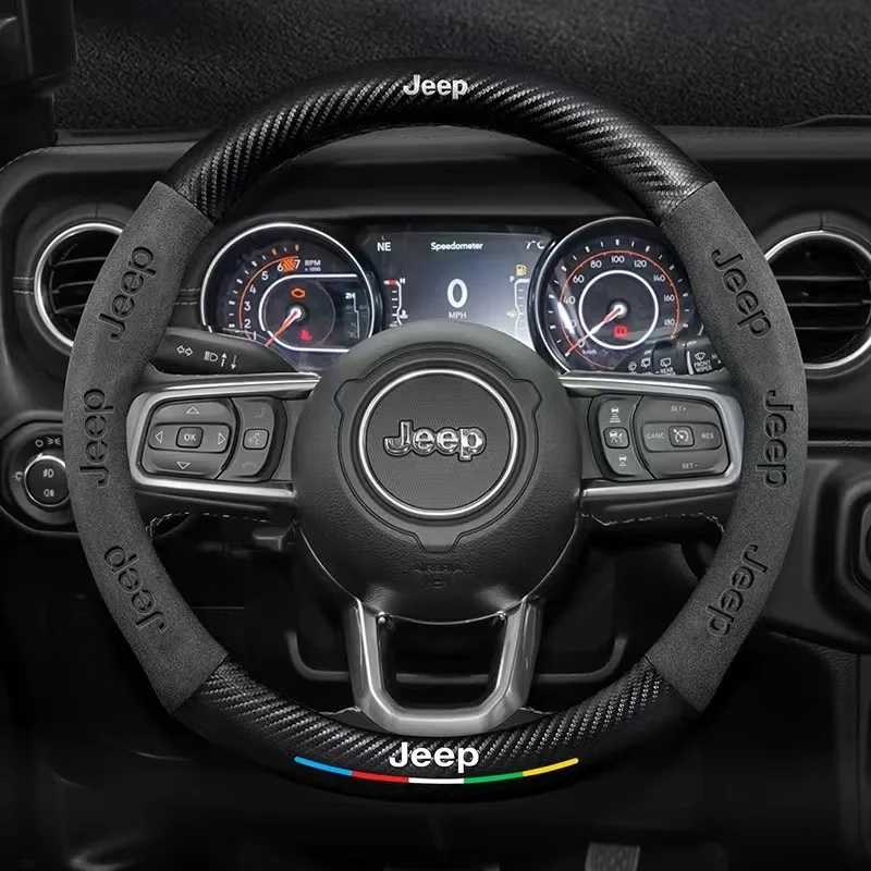 

Car 3D Logo Suede Carbon Fiber Steering Wheel Cover For Jeep Cherokee Wrangler JK Patriot Liberty Renegade Compass Grand Rubicon
