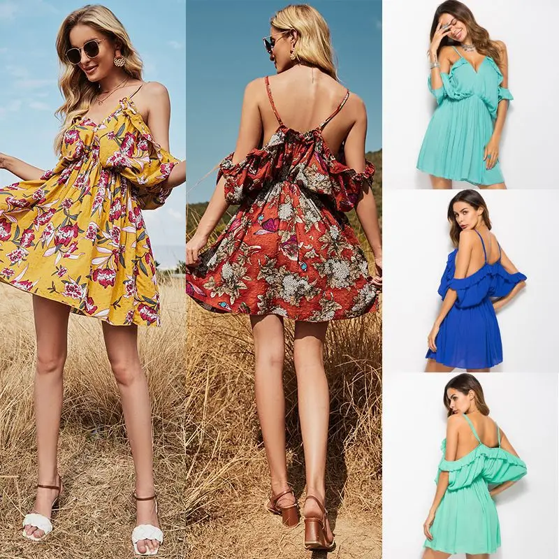 

New Summer Off-shoulder Bat Sleeve Backless Printing Condole Belt Women Dress
