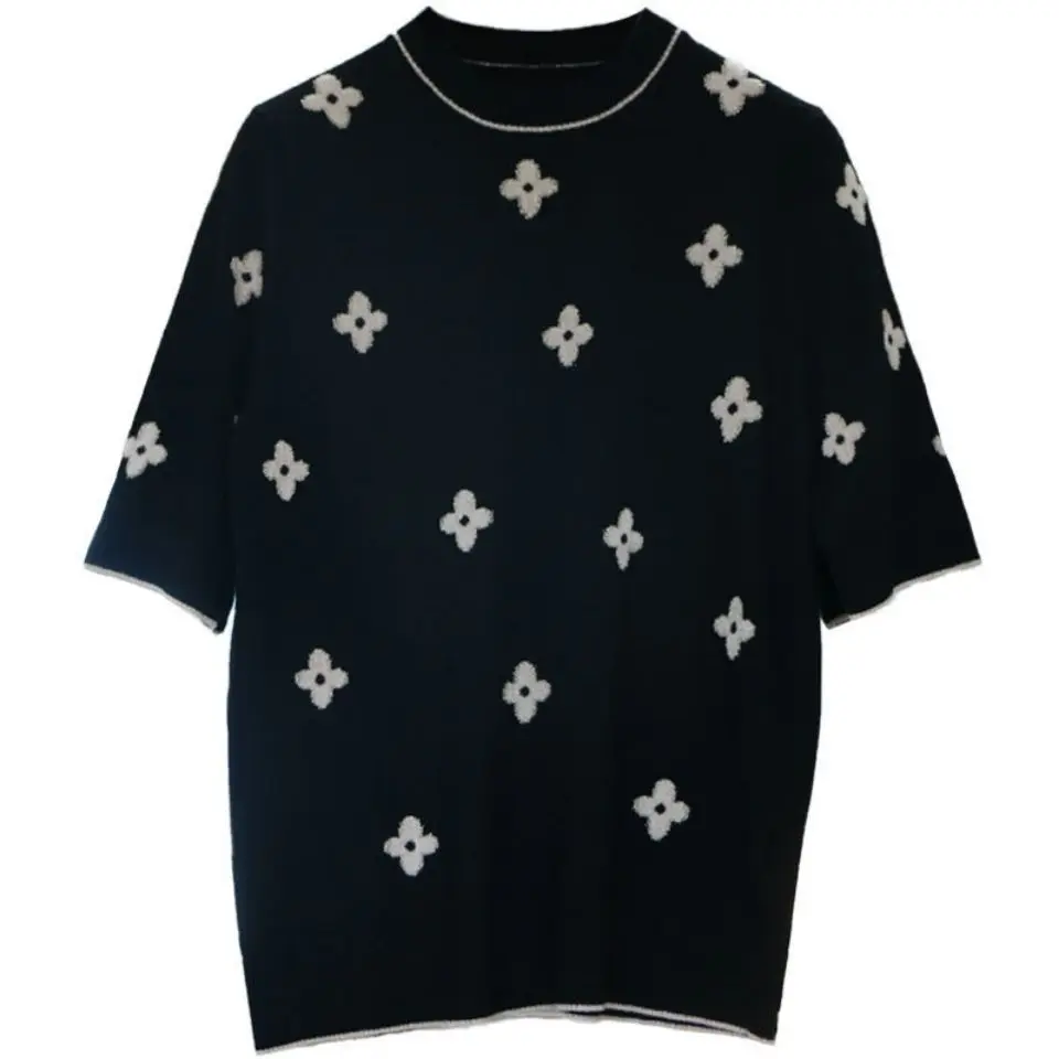 

Three-dimensional embroidery ice silk knitted mid-sleeve flowers loose and slim sweater for women's spring and summer