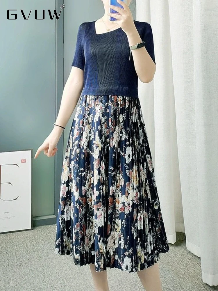 

GVUW Contrast Color Spliced Pleated Dress For Women 2023 Summer New O-neck Short Sleeve Female Fashion Printing Clothing 17G1822