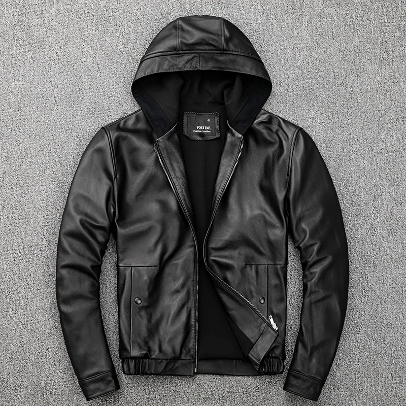 

Men's Hooded Leather Jacket 100% Genuine Sheepskin Motorcycle Black Coat Male Hoodies Clothes Spring Hat Leather Jacket Men