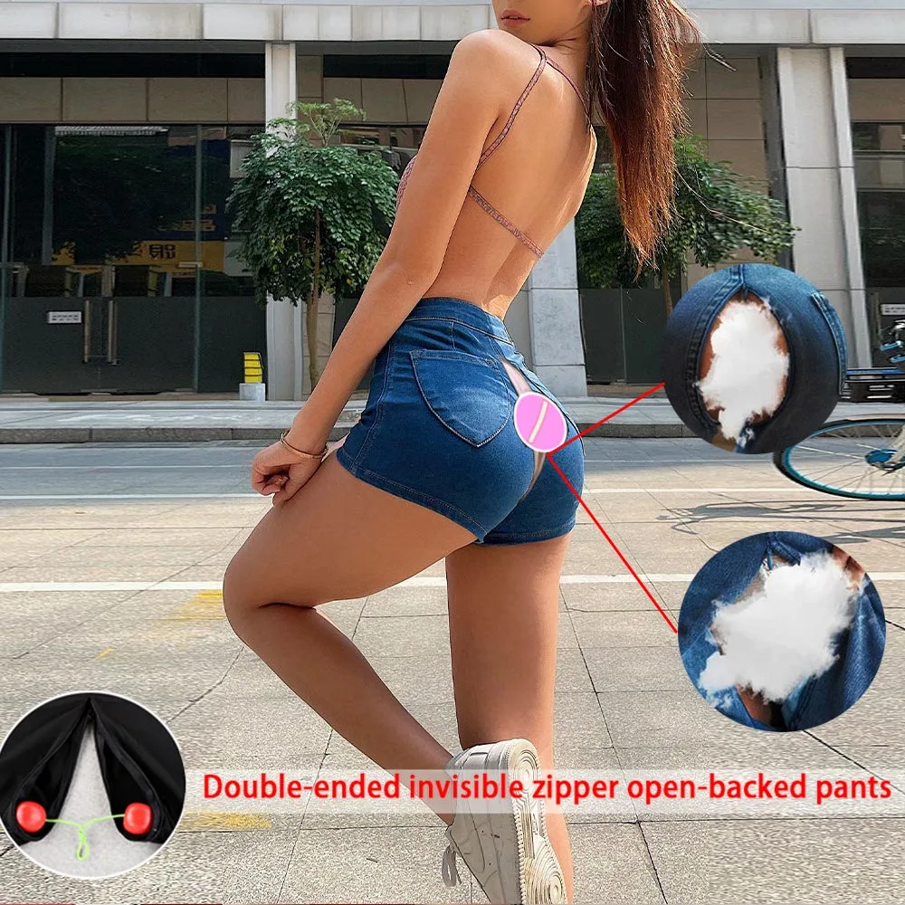 Beauty Fashion Jeans Women's High Waist Elastic Invisible Open Crotch Short Women's Summer Tight Sexy Hip Lifting Pants Slimming