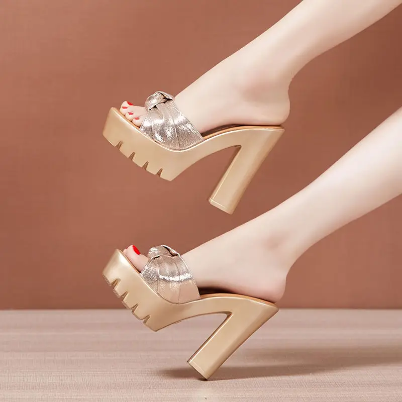 

13cm High Heel Slippers Women's Summer Plush Womens Sandals Woman 2022 Ladies Heels Luxury Shoes Slipper Female Mules Spring New