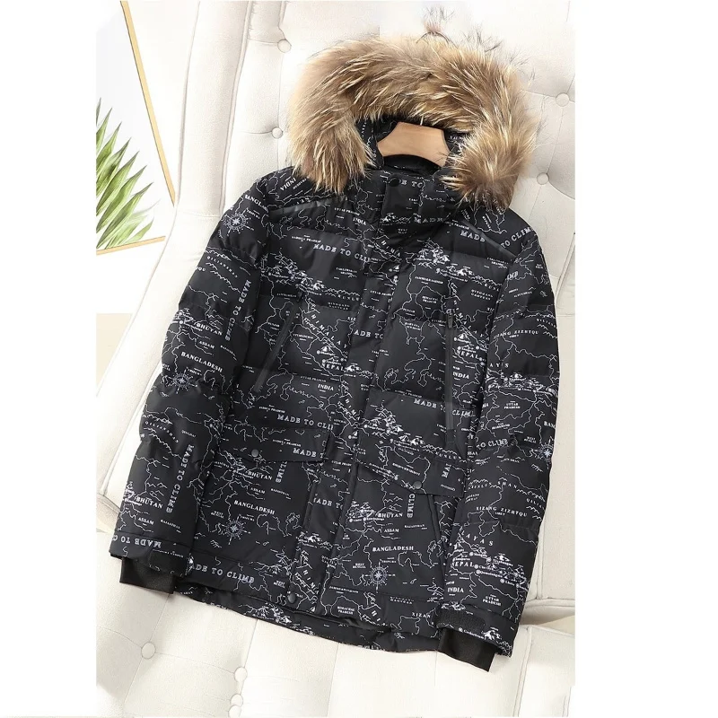 

Winter Thicken Mens Hooded Down Jacket 90% White Duck Coat Male Fur Collar Warm Outerwear Map Printed Windbreak Feather Overcoat