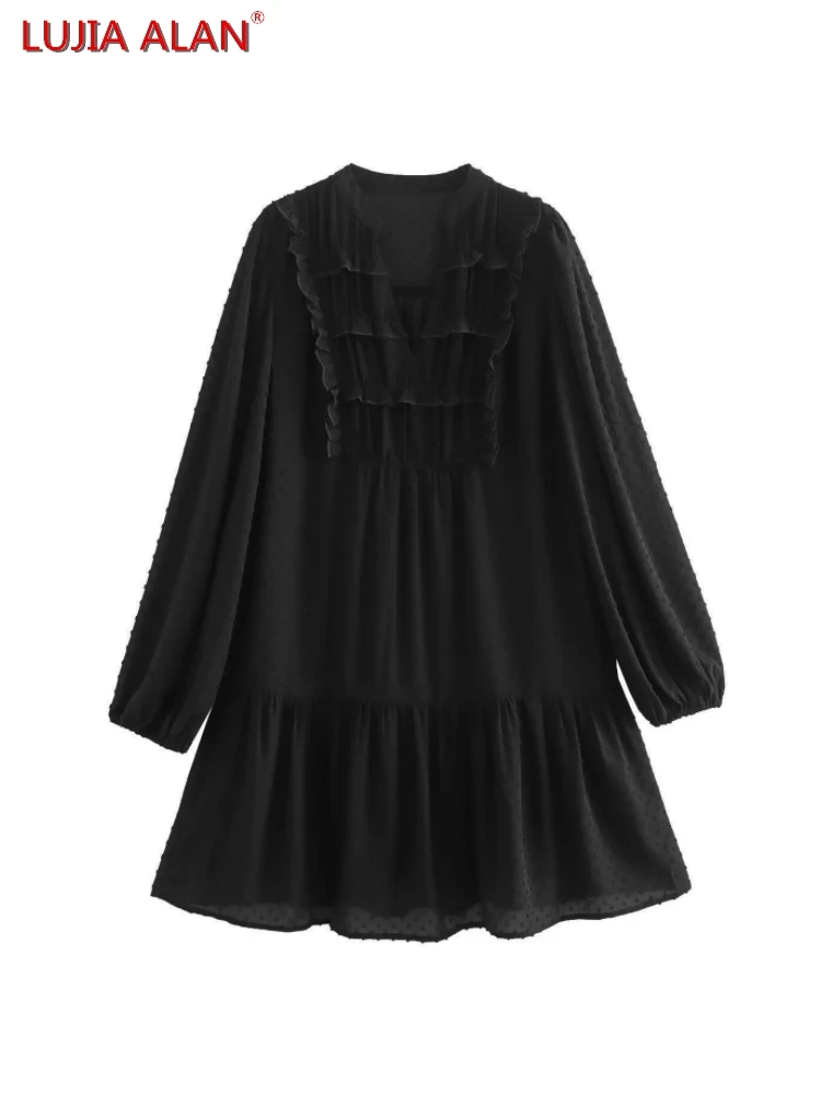 

New Women's Flocking Chiffon V-Neck Ruffle Decoration Long Sleeve Casual Loose Black Mini Dress LUJIA ALAN WD1057