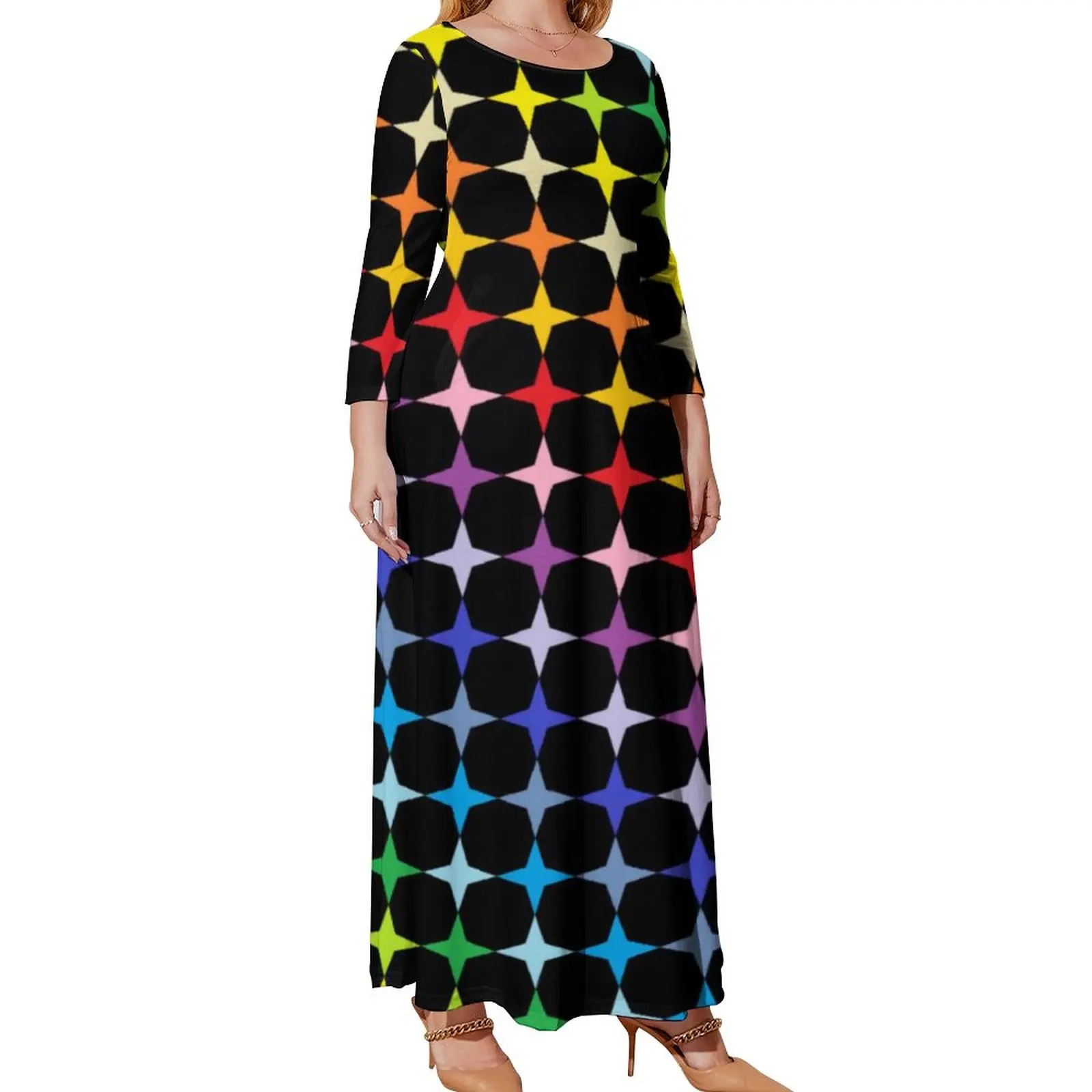 

Funny Rainbow Dress Plus Size Four Points Stars Vintage Design Maxi Dress Long Sleeve Aesthetic Bohemia Long Dresses Present