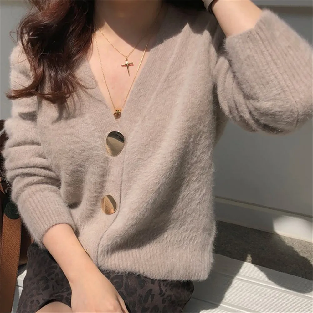 

Warm Elegant Autumn Winter Golden Shiny Button Single Breasted Woolen Women Cardigans Sweater Casual Female