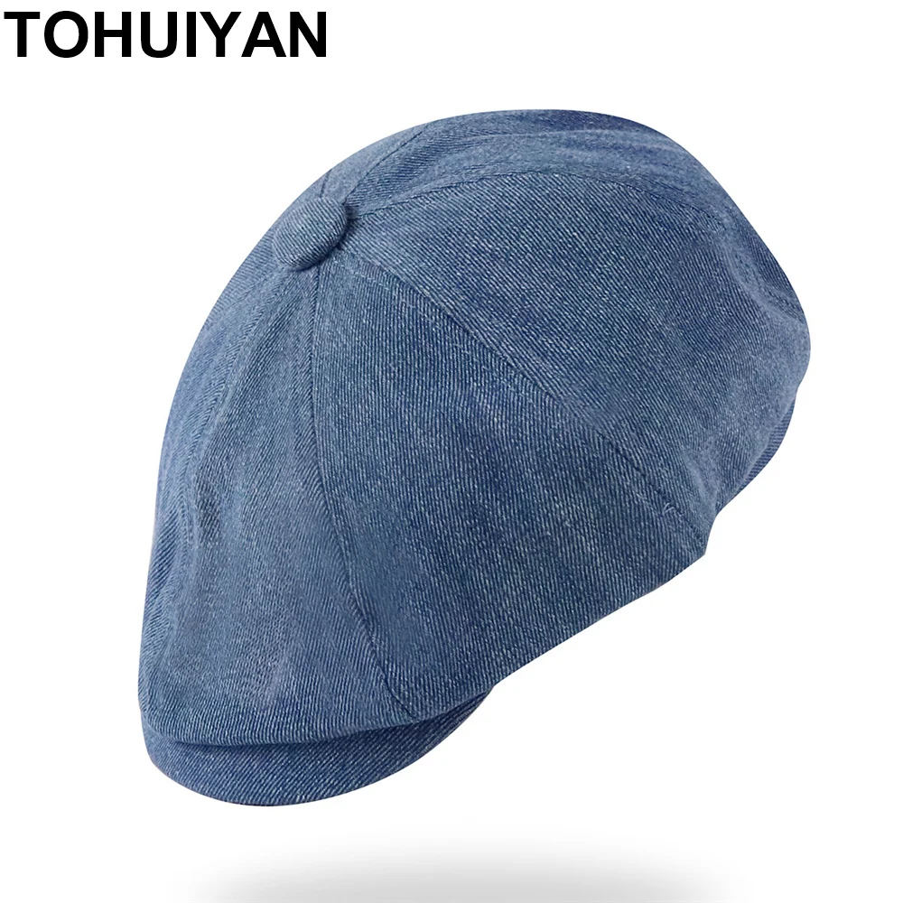 

Джинсовый берет TOHUIYAN с эффектом потертости, кепка для мужчин и женщин, весенние головные уборы газетчика, однотонная восьмиугольная кепка д...