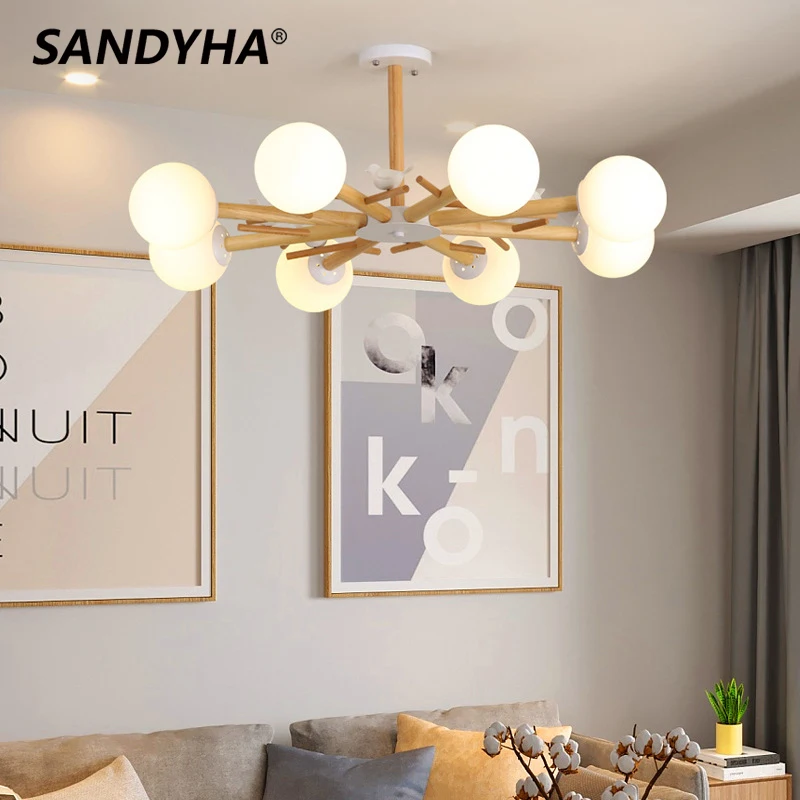 

SANDYHA Nordic Log Led Pendant Lights Creative Bird Glass Ball Chandeliers Lamp for Living Room Bedroom Indoor Lighting Fixtures