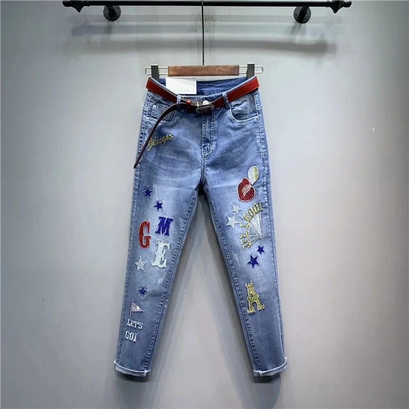 

Streetwear Women Vintage Diamonds High Waisted Jeans Embroidery Letters Denim Pencil Pants Ladies Harajuku Trouser Pantalones