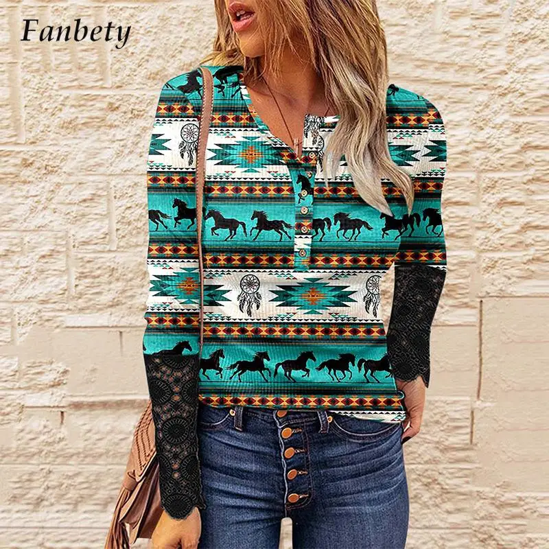 

Spring Casual Harajuku Pattern Print Slim Top Retro Elegant Lace Long Sleeve Blouses Shirts Women Button O-Neck Multicolor Blusa