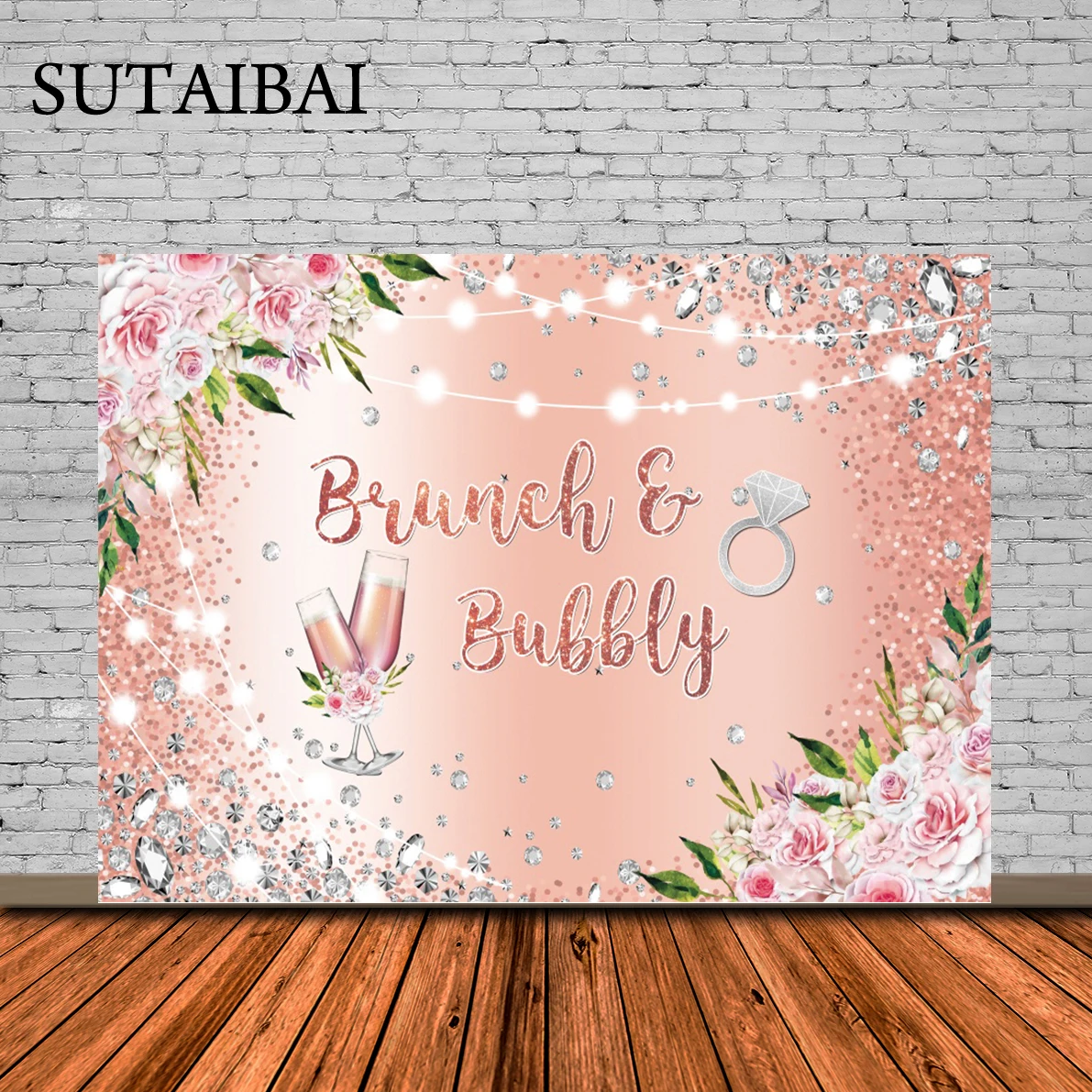 

Ridal Shower Rose Gold Backdrop Engagement Party Banner Pink Flower Shining Diamond Decor Wedding Photography Background