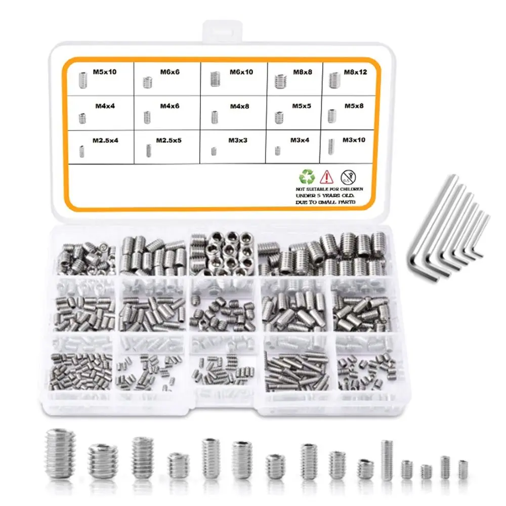 

200pcs/300pcs Hex 304 Stainless Steel Cup Point DIN913 Hexagon Socket Screw Grub Bolt Allen Head Assortment Kit