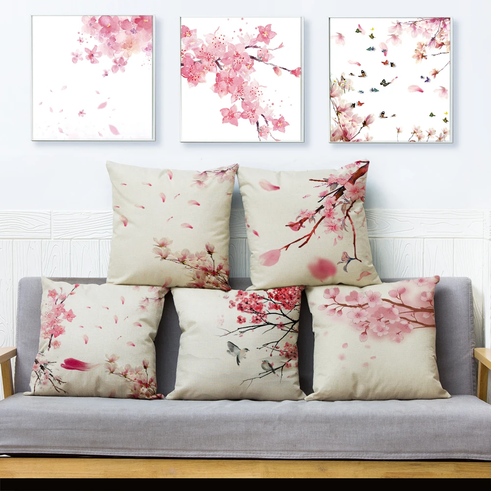 

Watercolor Pink Peach Blossom Cushion Cover Decor Cartoon Plant Tree Pillow Case for Sofa Home Car Polyester Pillowcase 45x45cm