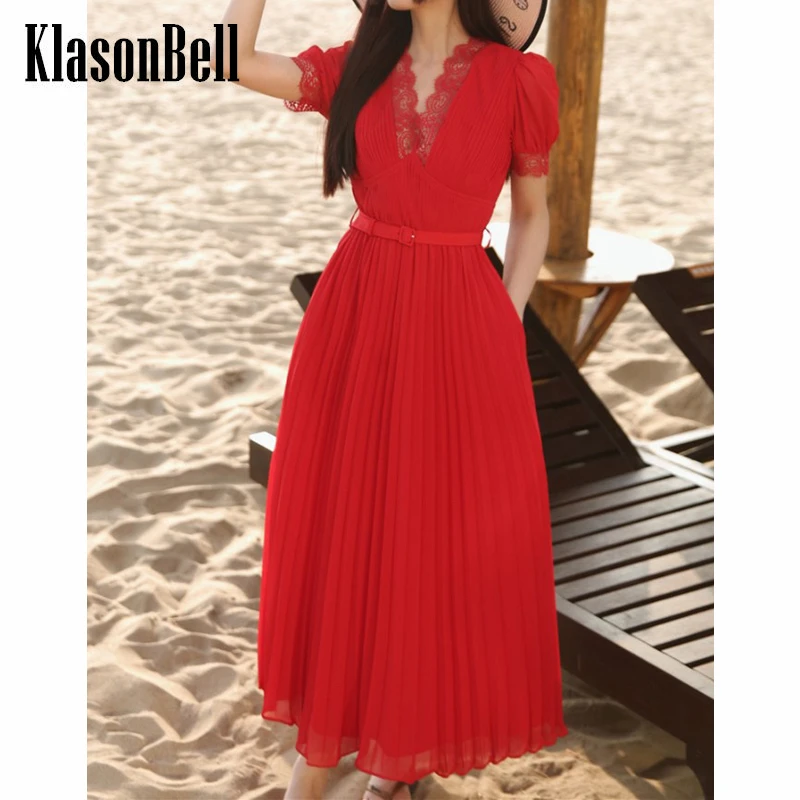 

7.1 KlasonBell Elegant Fashion Lace Patchwork Puff Sleeve With Belt Red Pleated Dress Women