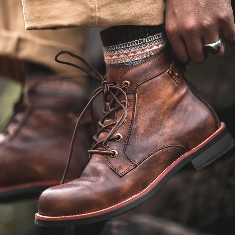 

Autumn and winter new fashion round head low heel knight boots men retro big head cargo motorcycle boots sports men's shoes