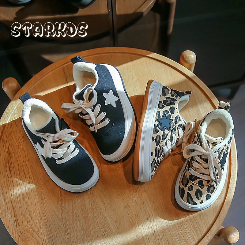 Warm Plush Sneakers Boys Brand Design Star Patch Thick Sole Tennis Girls Fashion Leopard Print Platform Furry Flat Child Shoes