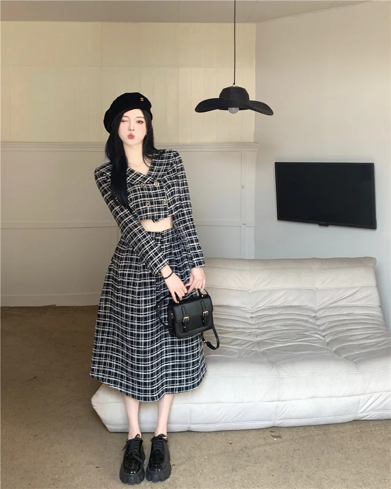 

Элегантный комплект из двух предметов, женское короткое пальто и твидовая длинная юбка, женская одежда с маленьким запахом и двойными пуговицами, 2023