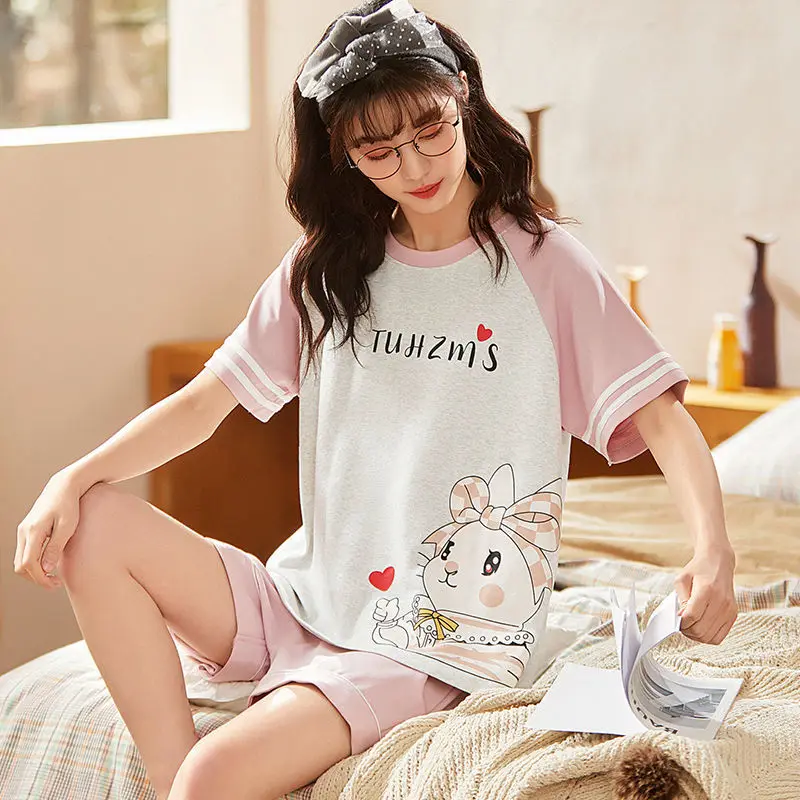 Summer new Women Pyjamas Cartoon Pajamas Sets Sleepwear Casual Nightwear Pijama Mujer Shorts short sleeve M-2XL home clothes set