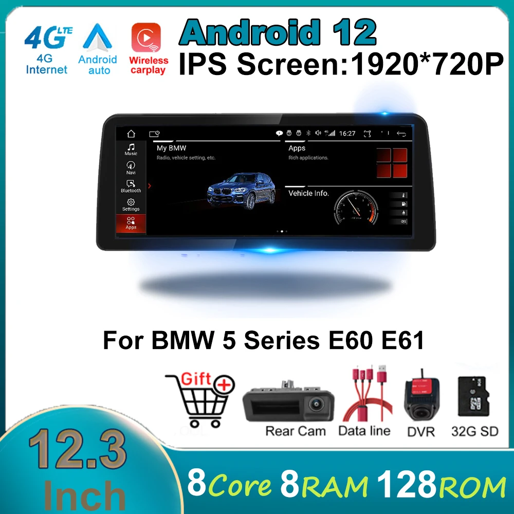 

12.3 Inch 1920*720 IPS Screen Android 12.0 For BMW 5 Series E60 E61 Car Player Multimedia GPS Navigation 2005-2008 CCC CIC SYS