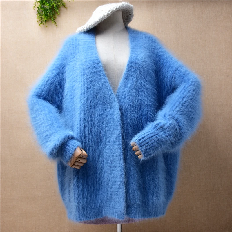 

female women autumn winter thick warm hairy plush mink cashmere knitted long sleeve loose lazy oaf v-neck cardigan coat sweater