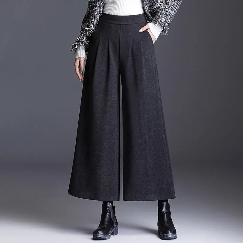 

Autumn New Tweed Wide Leg Women Trousers Loose Large Size High Waist Show Thin Straight Big Foot Casual Nine-point Pants Fashion