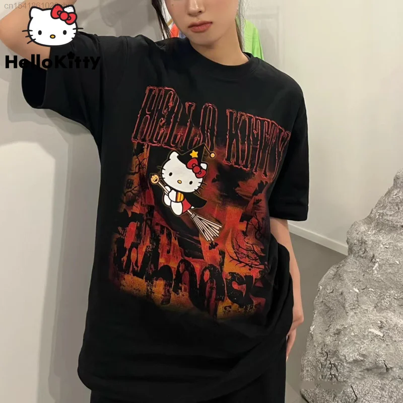 

Sanrio Hello Kitty Cotton Fashion Tees Cute Black Y2k Streetwear Hip Hop Grunge T-shirt Women's Kawaii anime t shirts Top Girls
