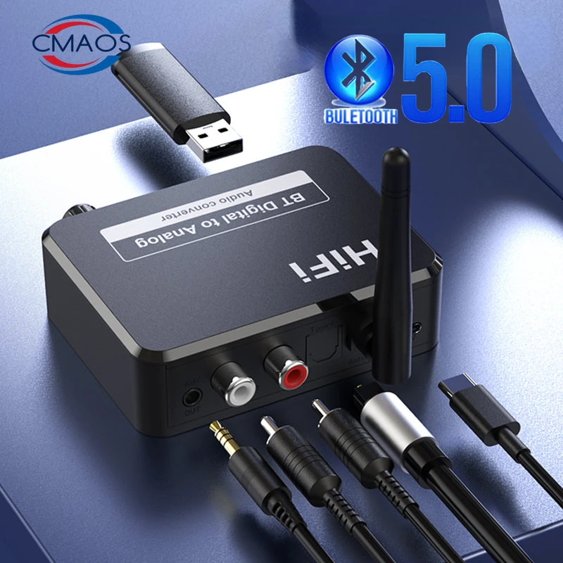 

Digital to Analog Audio DAC Converter Spdif Optical Fiber Signal to 3.5MM 3.5 AUX 2 RCA Amplifier Decoder Bluetooth 5.0 Receiver