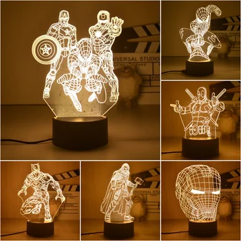 디즈니 마블 야간 조명 3D 스파이더맨 아이언맨 데드풀 토르 헐크 액션 피규어 어벤져스 LED 램프 장식, 남자친구 선물