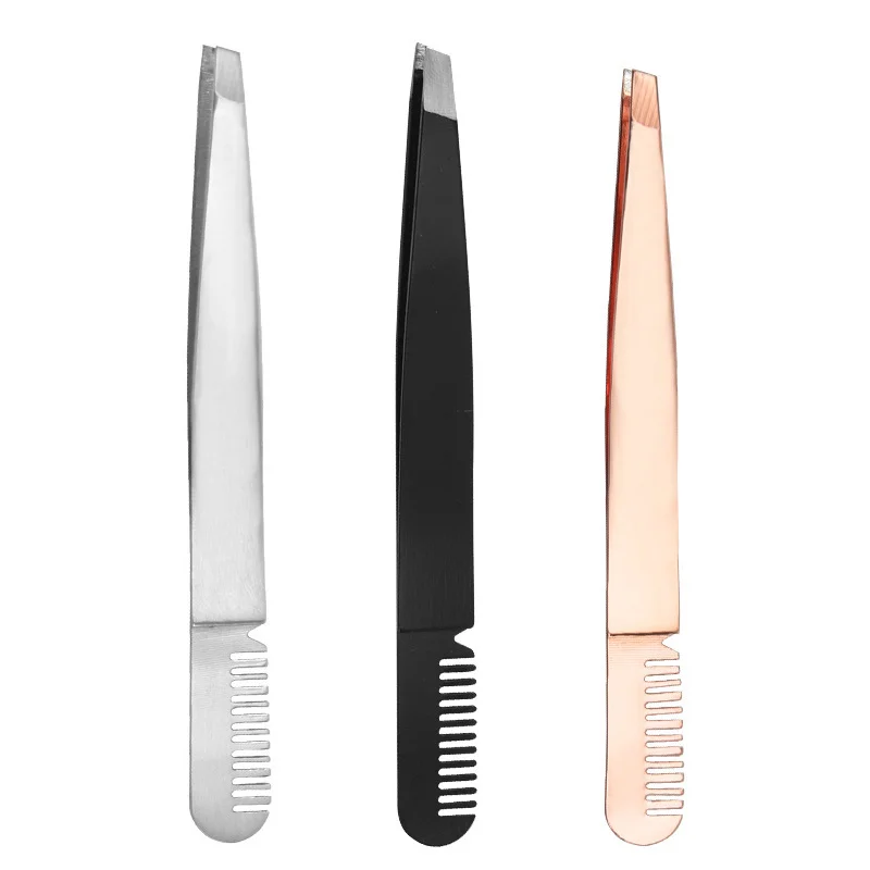 

New Professional Eyebrow Tweezer with Brush Comb Stainless Steel Eyelashes Extension Double Eyelids Pinzette Clip