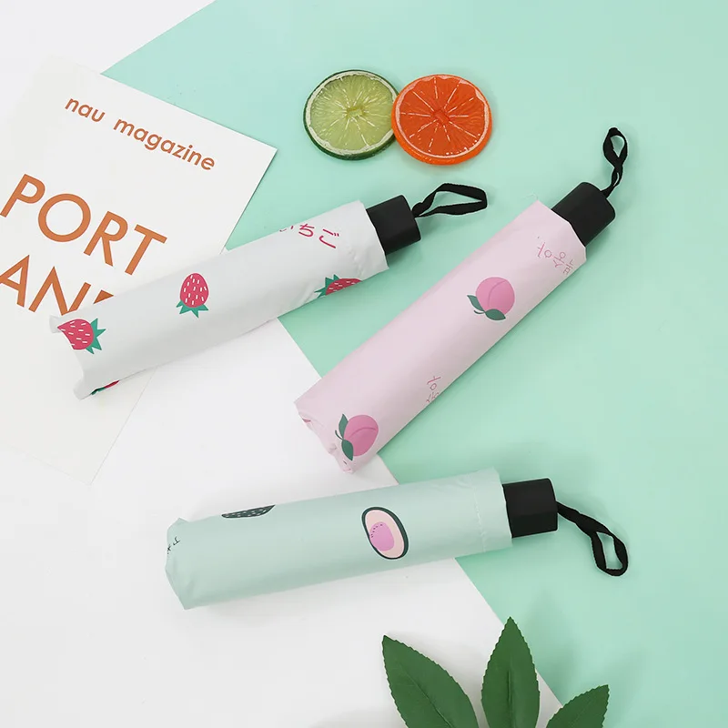 

Новый зонт от солнца, виниловый, тройного сложения, простой, красивый, с фруктовым узором, женский, студенческий